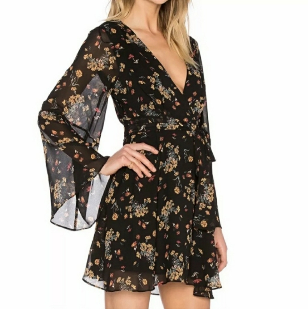 Free People Lilou Printed Black Floral V Neck Bell Sleeves Dress